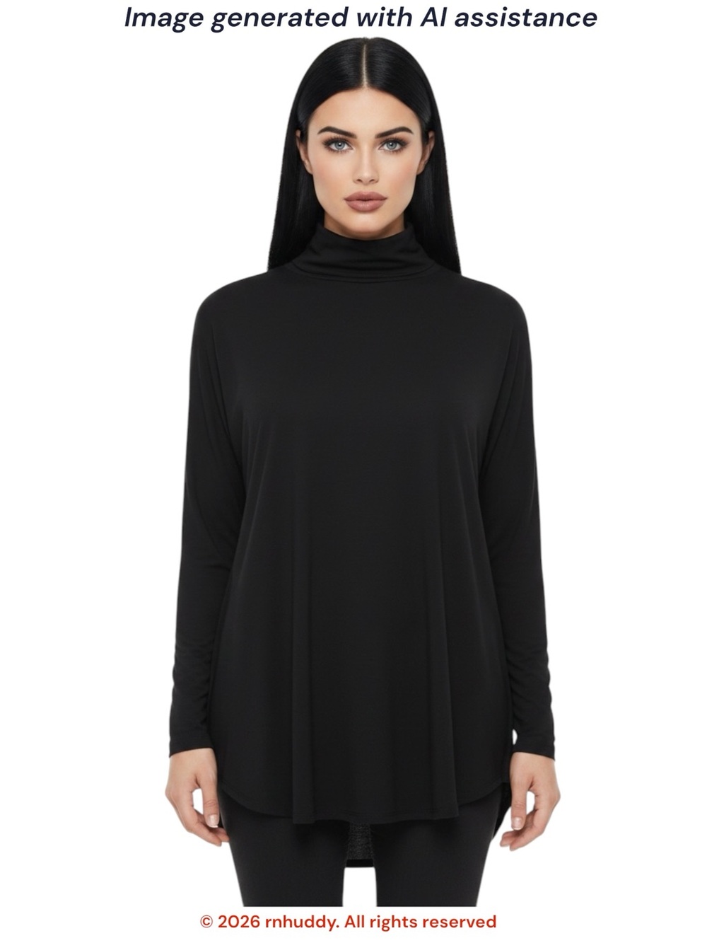Eileen Fisher S black jersey knit curved hem long sleeve turtleneck tee